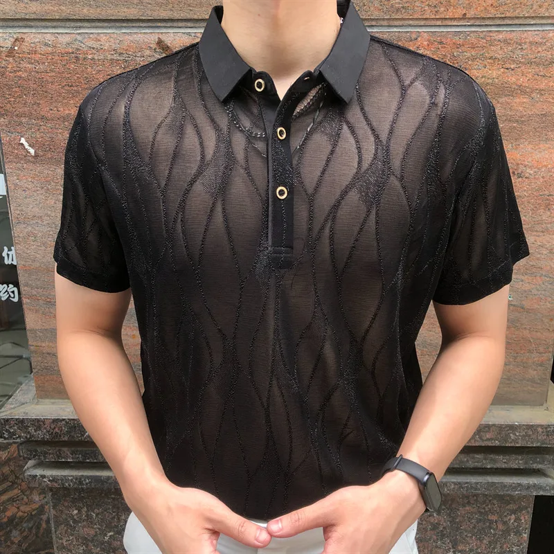 

Stripe Polo Shirt Men For Male Transparent Shirt See Through Mesh Shirt Club Party Sexy Lace Stripe Polo Shirt Para Hombre