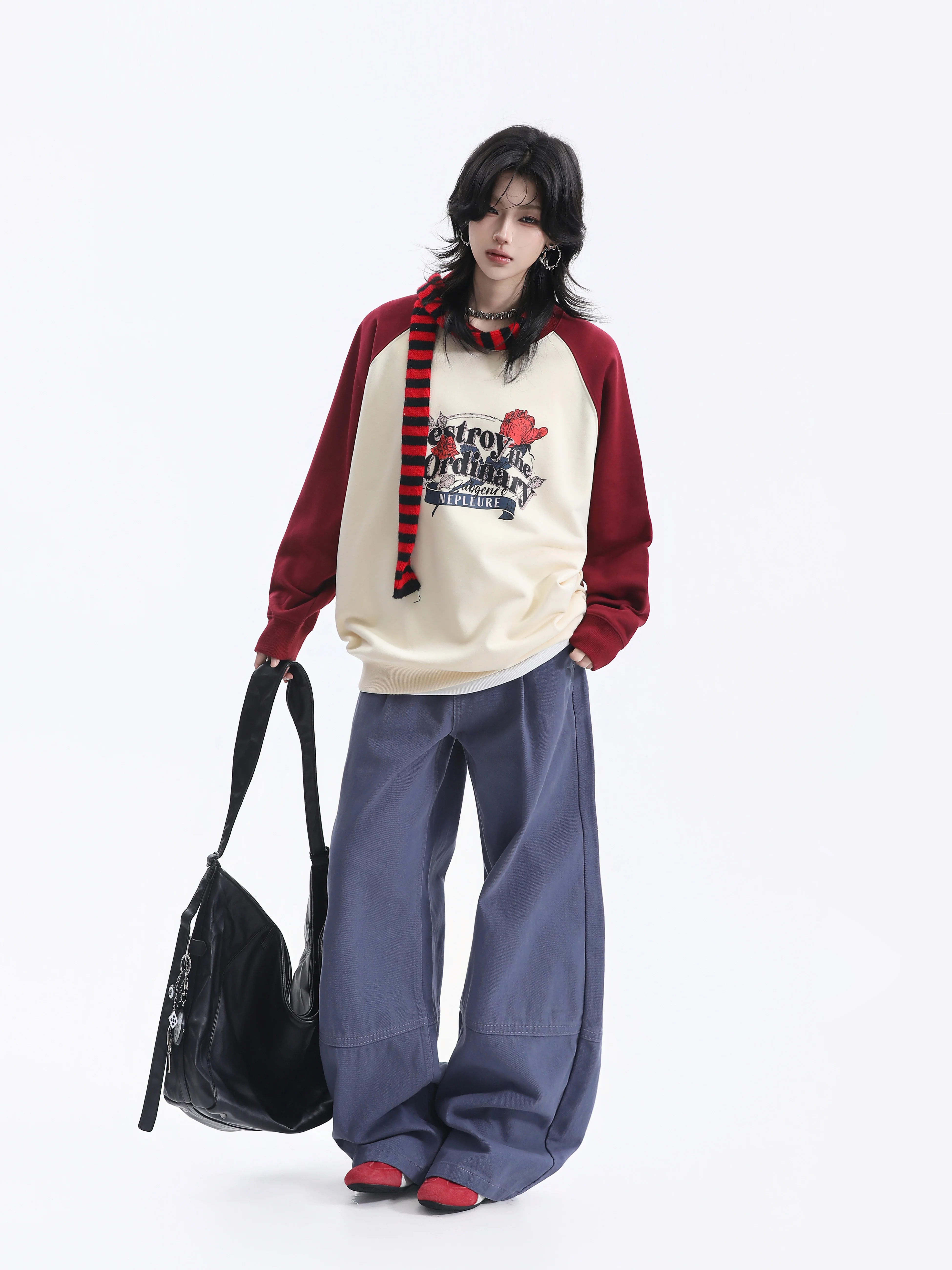 Retro American Rose Print Sweatshirt Women's Lazy Style Oversize Casual Unisex Long Sleeve Cotton T-Shirt Creative Design