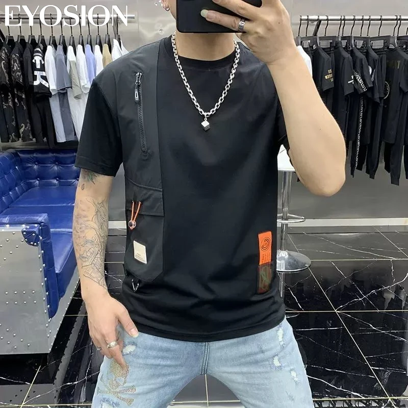 

2022 Fashion Trend Men Summer New Zipper Design Round Collar Solid Pullover Tops Casual Slim Fitting Short Sleeve T-shrit Tees