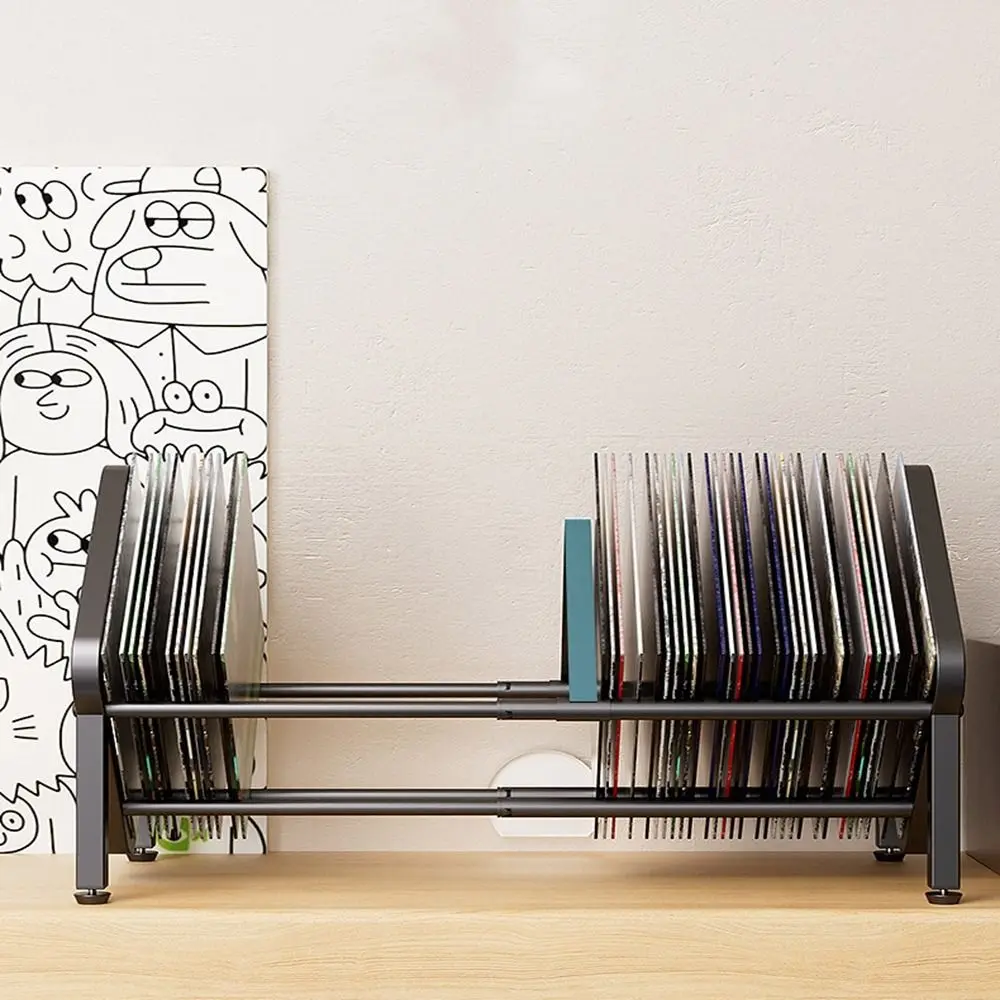

Carbon Steel Vinyl Record Holder Large Capacity Adjustable Vinyl Record Storage Rack Anti-slip Black Single Tier Record Holder