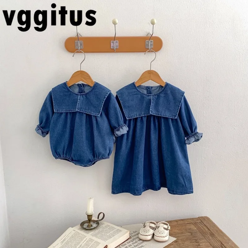 Autumn Baby Girls Family Sisters Clothes Large Lapel Long Sleeve Bodysuit Blue Denim A-line Dress One-Pieces Outerwear H22373