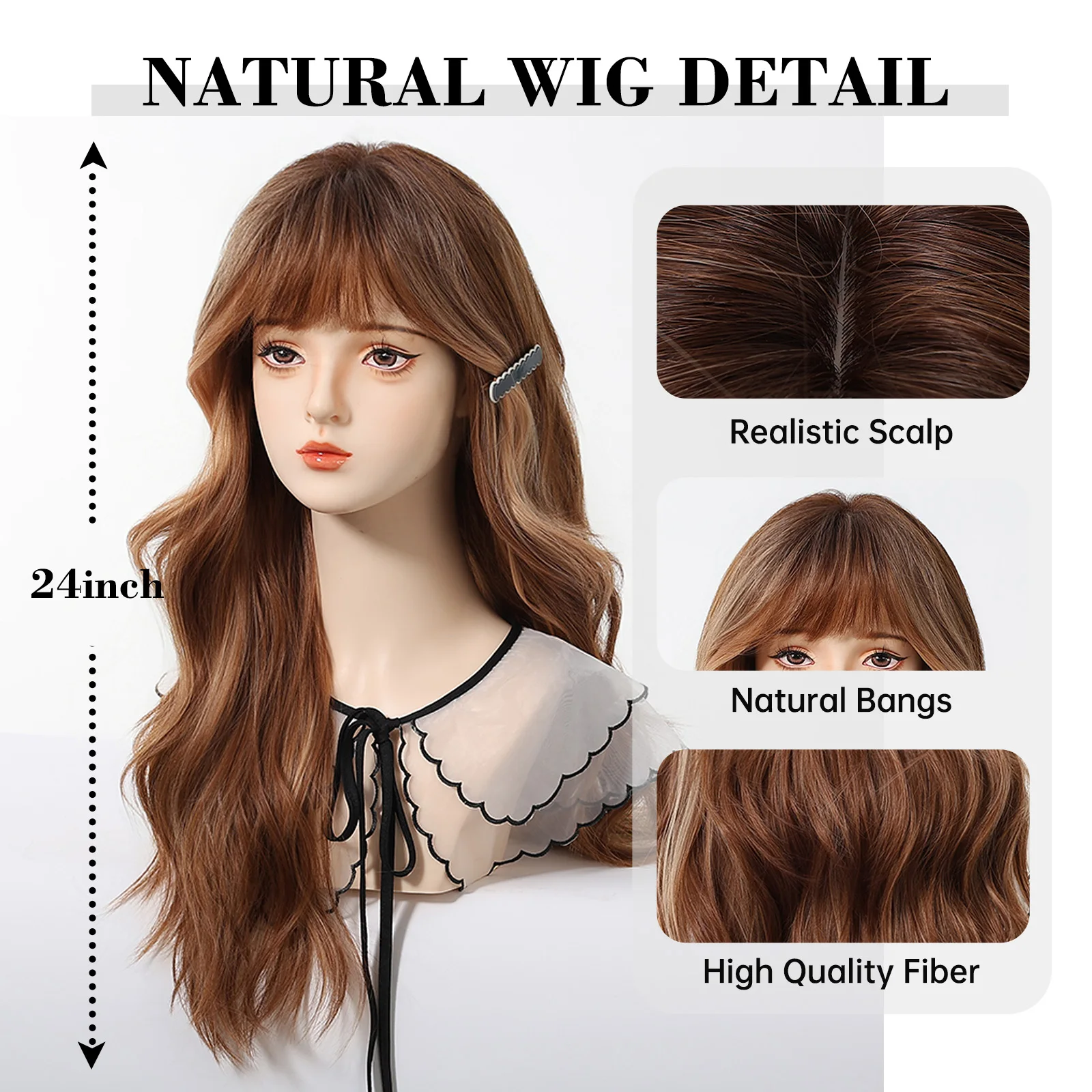 Balayage منتصف الظهر موجة شعر مستعار مع الانفجارات بلانت الكستناء البني تسليط الضوء على شقراء الطبيعية مجعد شعر مستعار اصطناعي للنساء مقاومة للحرارة