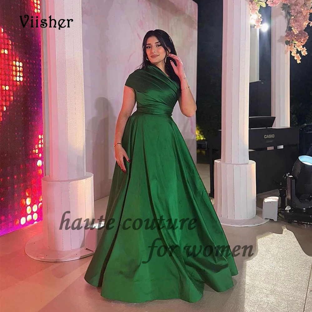 

Green Satin Evening Dresses One Shoulder A Line Formal Prom Dress with Train Long Evening Party Gowns Lace Up Back