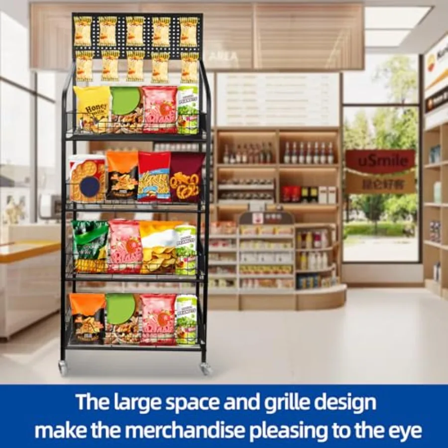 4 Tier Retail Snack Display RackBlack Metal Retail Candy Display Rack with Wheels and 10 Hooks for Convenience Stores Supermark