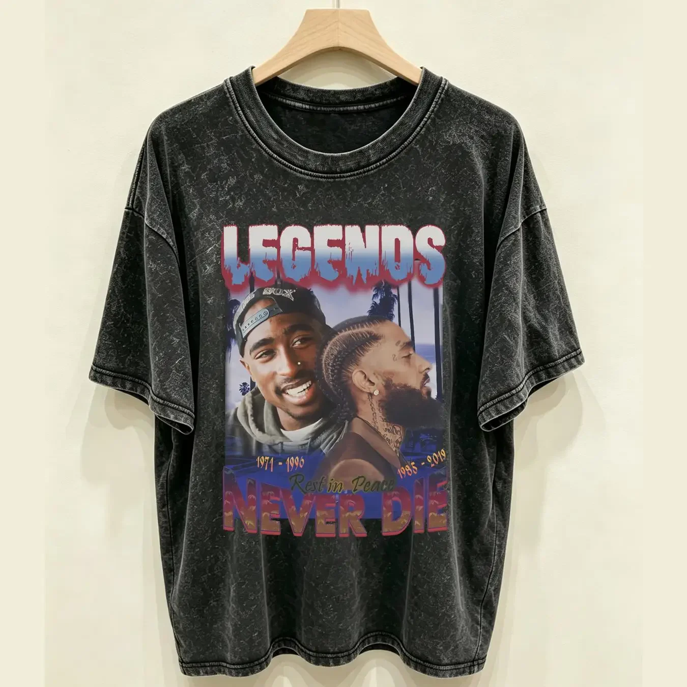 washed T Shirt LEGENDS NEVER DIE 2PAC NIPSEY HUSTLE RAP HIP HOP NEW BLACK vintage Washed Soft Stretched designer clothes Unisex