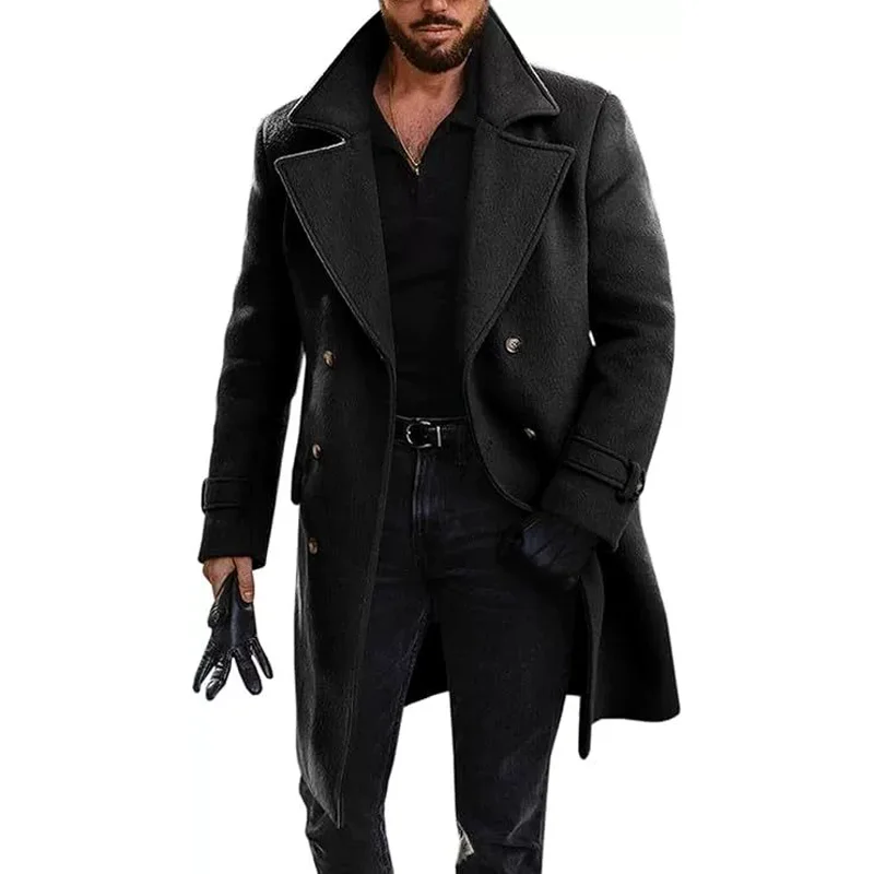 

Autumn Winter Wool Blends Coats Men Solid Thick Double Breasted Business Casual Trench Outwear Male Turn Down Collar Long Coat
