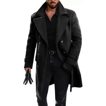 Autumn Winter Wool Blends Coats Men Solid Thick Double Breasted Business Casual Trench Outwear Male Turn Down Collar Long Coat