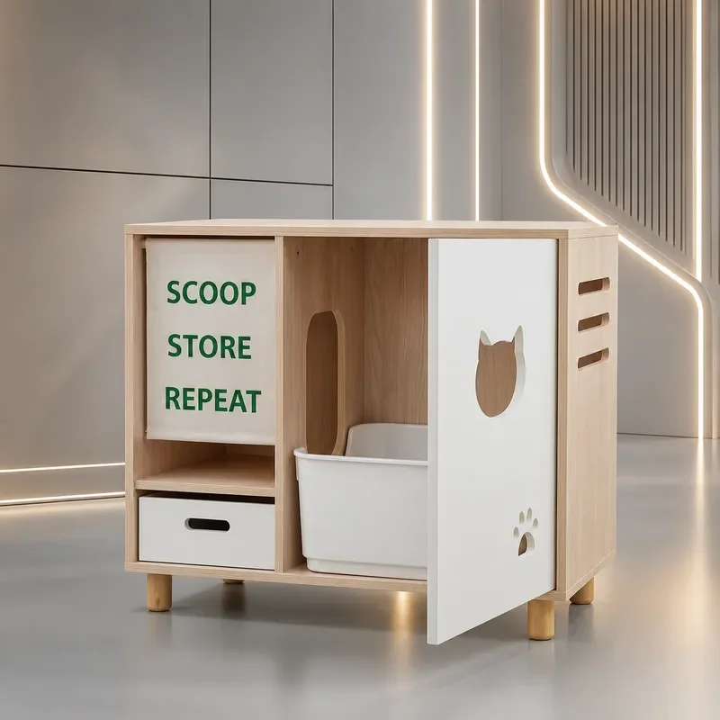 Japanese Style Wooden Cat Litter Box Enclosure with Odor Proof Design and Hidden Storage Cabinet for Pet Waste Management