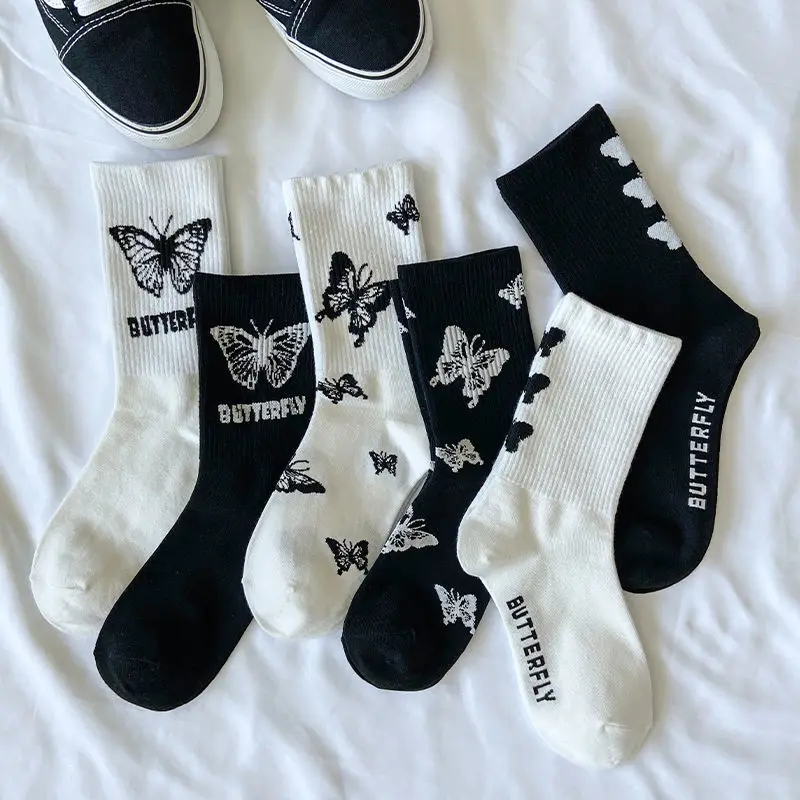 5 pairs Fashion Hip Hop Butterfly Socks Women Cotton Socks Hiphop Street Sports White Skateboard Socks Harajuku Lolita Socks