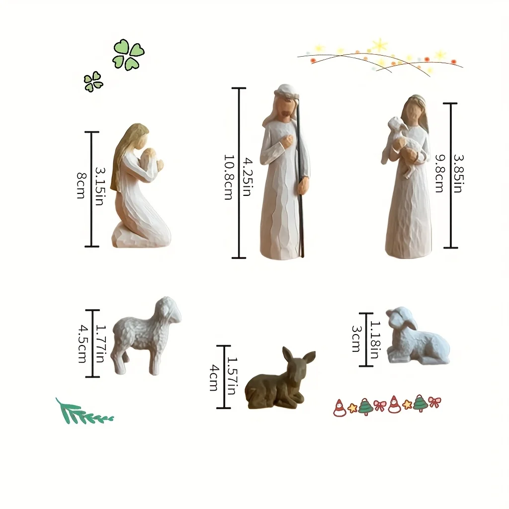مجموعة تماثيل راتينج لمشهد المهد مجهولي الهوية مكونة من 6 قطع، ديكور عيد الميلاد لولادة يسوع، ماري جوزيف الراعي والأغنام، الحد الأدنى