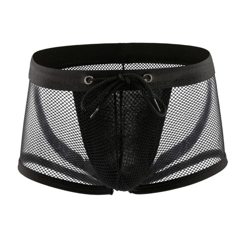 Mens Boxers Shorts Man Jockstrap Underwear Gay Lingeries Bikini Homme Transparent Mesh Panties Solid Breathable Pouch Underpants