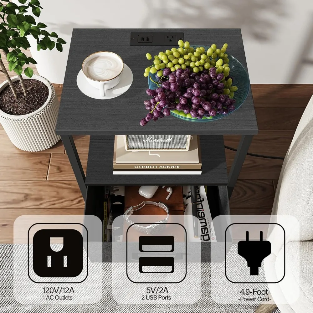طاولة نهاية TUTOTAK مع قاعدة شحن، طاولة جانبية مع منفذي USB ومنافذ، منضدة مع درج من القماش، مجموعة من 2، أريكة #5