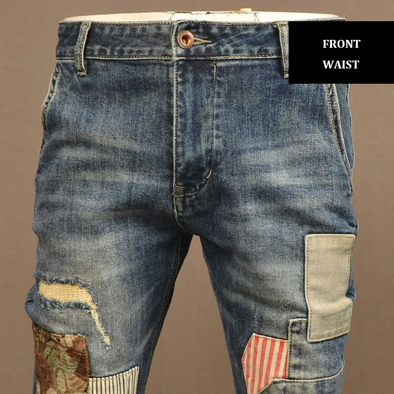 Streetwear Fashion Men Jeans Retro Washed Blue Stretch Slim Fit Ripped Jeans Men Patched Designer Hip Hop Denim Pants Hombre