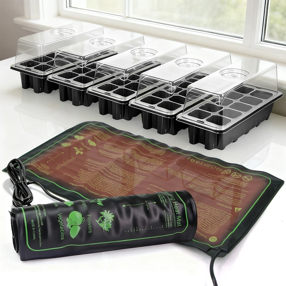 

Seedling Germination Box with 17.5W Thermostat Heating Mat Seeds Start Nursery Trays Transparent Cover Indoor Garden Greenhouse