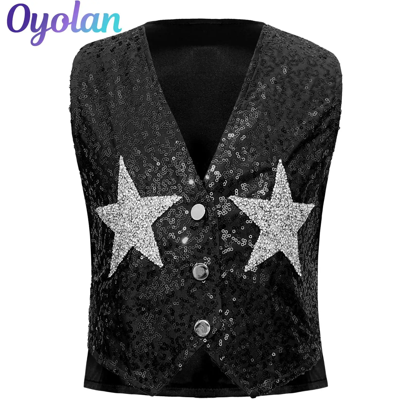 

Kids Girls Jazz Dance Performance Halloween Costume Boys Sequins Vest Hip Hop Buttons Waistcoat Sparkle Sequins Stars Vest Tops