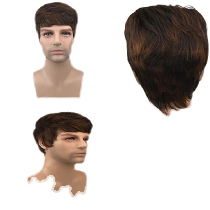 

Короткий мужской парик Мужской повседневный парик Волосы Полный парик Золотисто-коричневые мужские парики