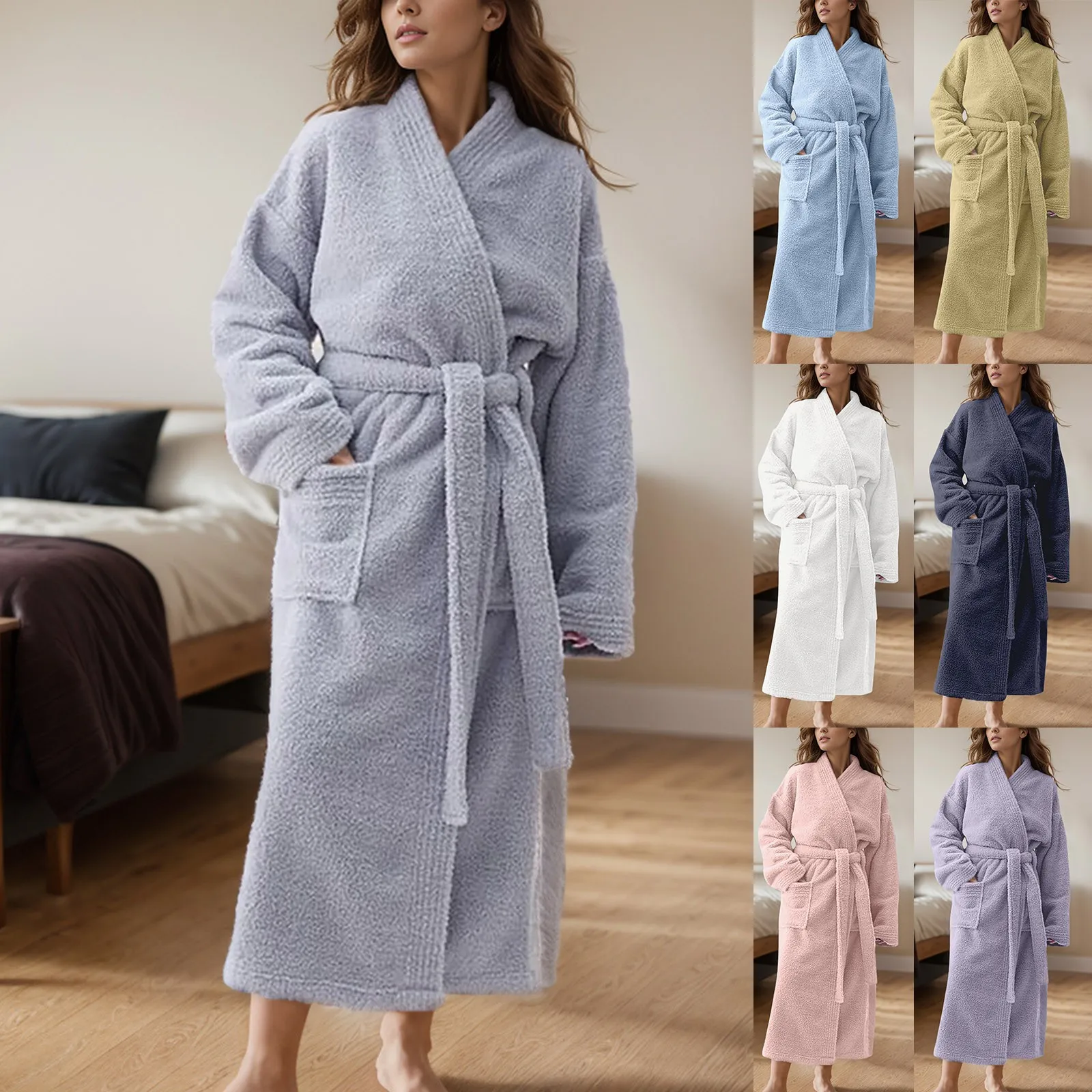 Autumn Winter New Couple Nightgown Coral Plush Plus Thick Plush Men's and Women's Extra Long Solid color Causal Bathrobe