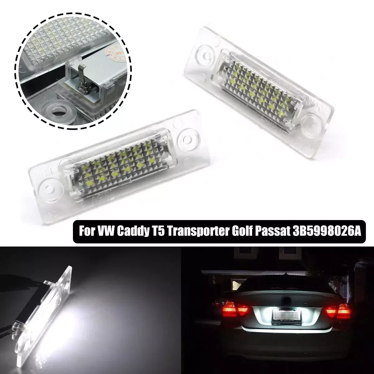 

2pcs LED License Number Plate Light For VW Passat B5.5 B6 Transporter T5 Jetta Mk5 Touran MK1 Caddy Golf Plus Mk5 White CANbus