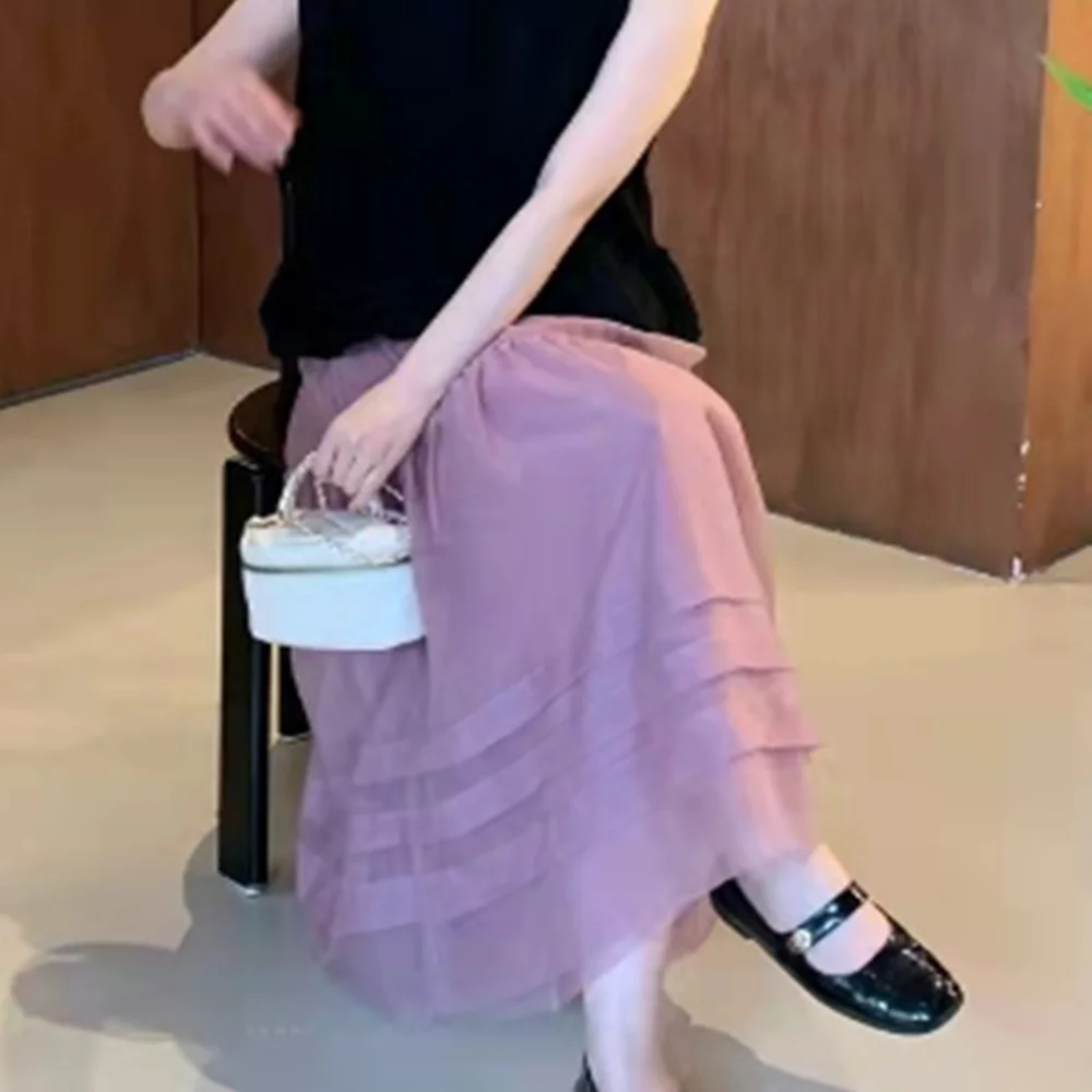 

Нежная романтическая плиссированная юбка средней длины, фиолетовая, с эластичной талией, фасон «зонтик», летняя женская модная юбка из полиэстера