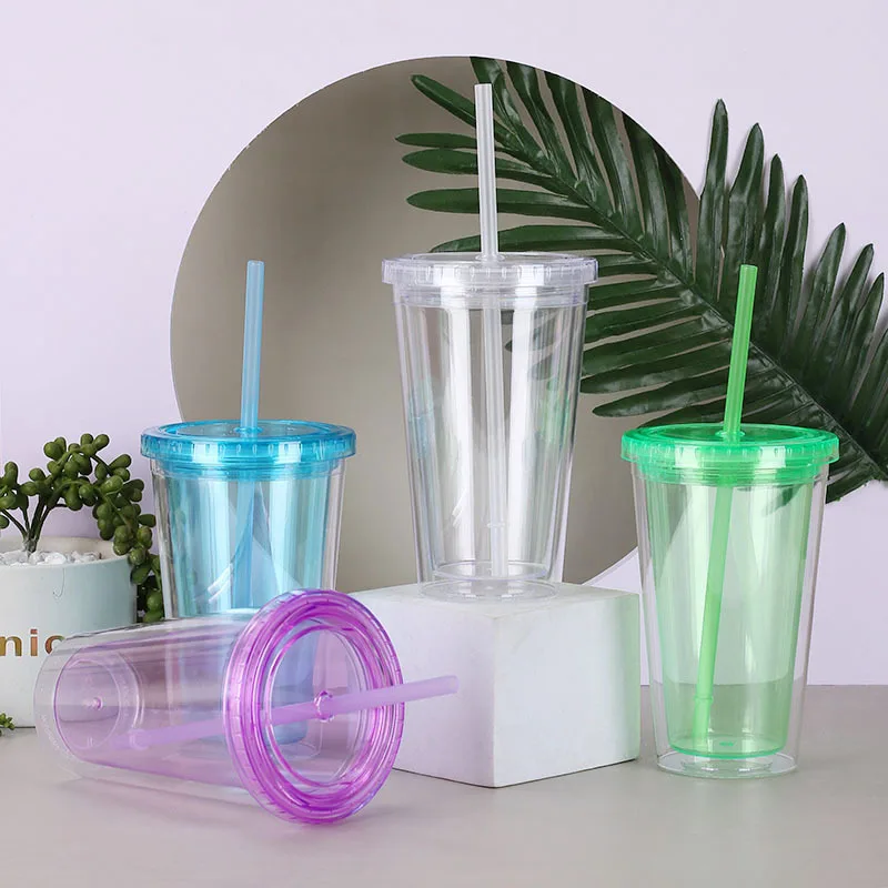 

1Pc Clear Tumbler with Straw Reusable Transparent 450ml Double-layer Water Bottle for Coffee Milk DIY Smoothie Cup Drinkware