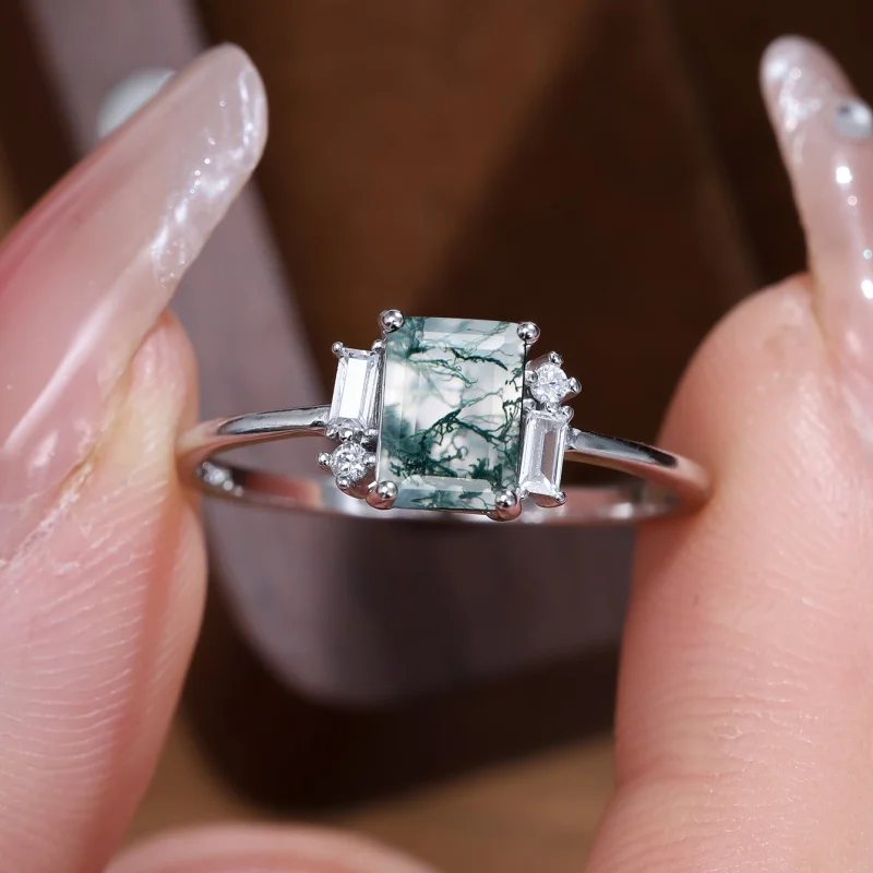 Exquisite and Non Fading Rectangular Water Grass Edge White Diamond Ring, Niche Design, Artistic Atmosphere, Handmade Jewelry