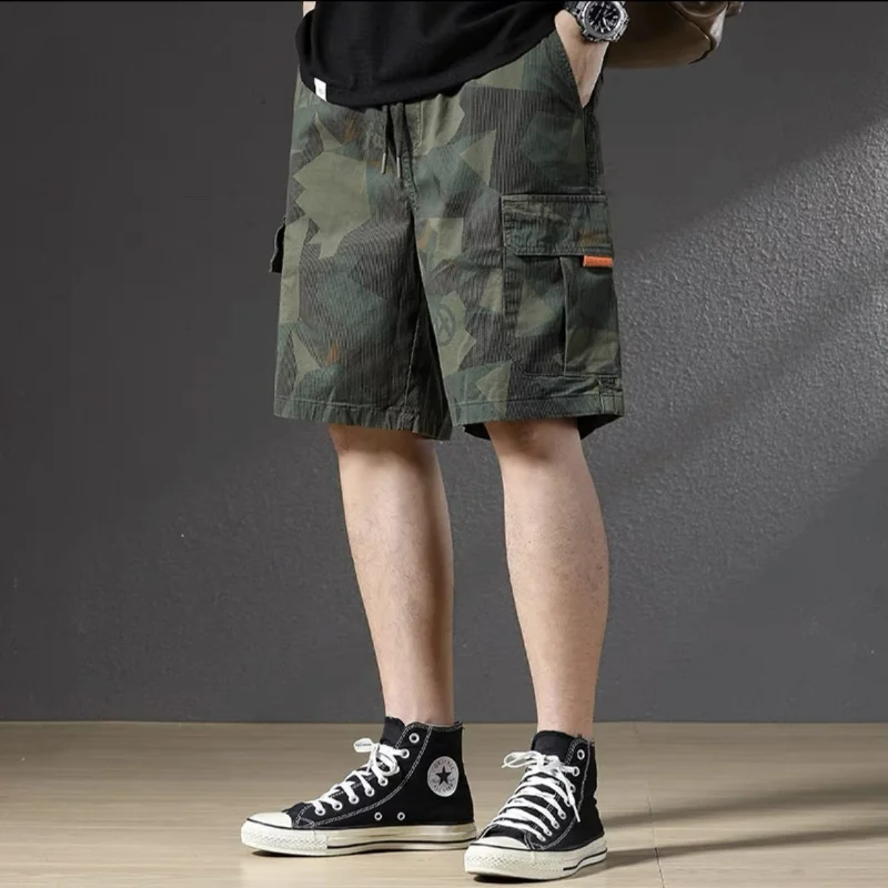 Summer New Fashion Loose Casual Versatile Camouflage Shorts Men Elastic Waist Drawstring Pockets Sports Fashion Short Pants 2024