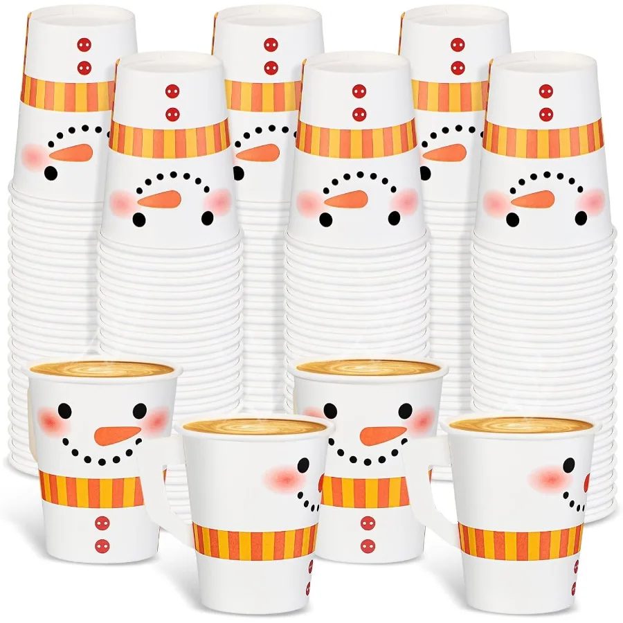 

120 шт., 9 унций, рождественские бумажные стаканчики для эспрессо с ручками для праздничных вечеринок, одноразовые кружки для чая и кофе со снеговиком
