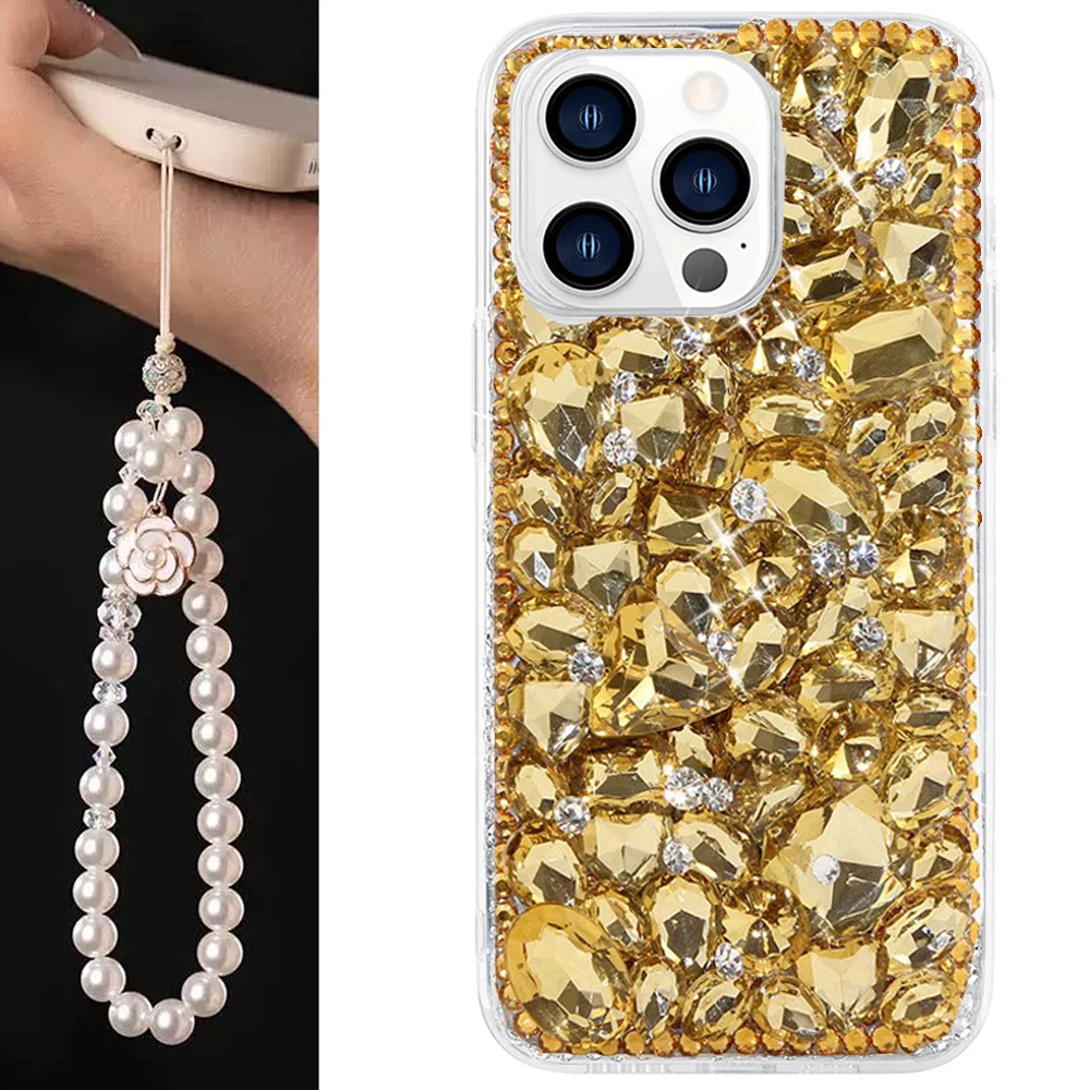 

Luxury Rhinestone Funda Glitter Diamond Case For iPhone 16 15 11 12 13 14 Pro Max 8 Plus Soft Silicone Cover with Pearl Lanyard