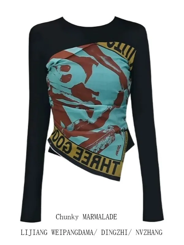 

Женская футболка больших размеров в американском стиле с принтом, длинным рукавом, новинка 2026 года, уникальный асимметричный топ с шарфом и вставками