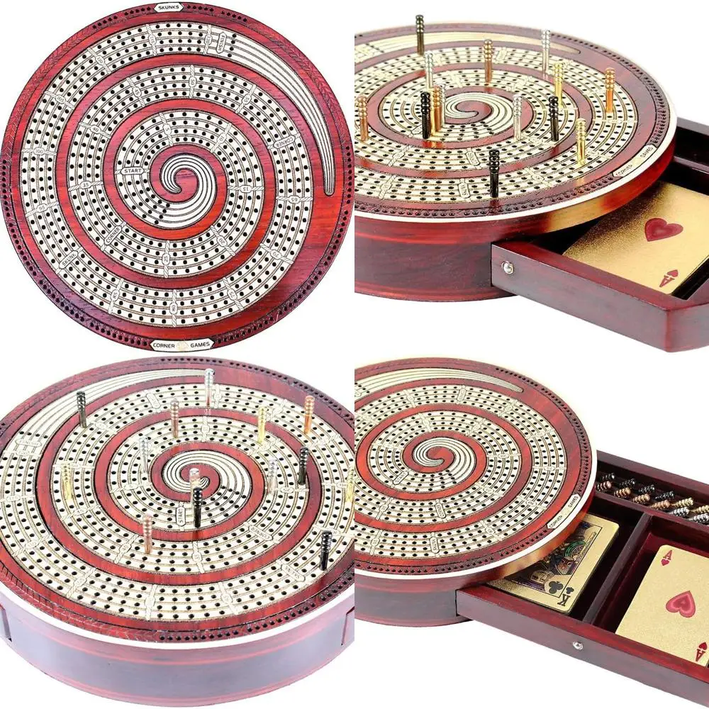 

Round Cribbage Board with Spiral Design, Bloodwood and Maple, 4-Track, Skunks and Corners, Won Games Marker