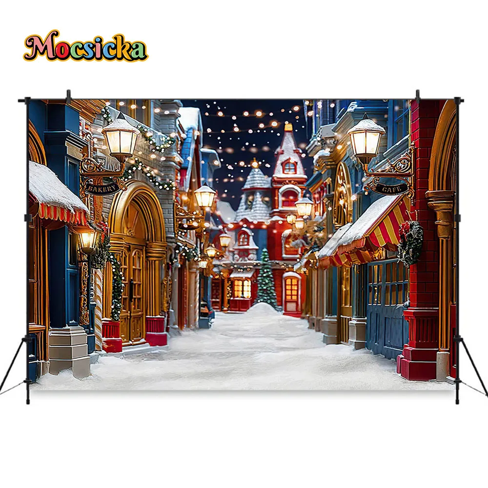 خلفية التصوير الفوتوغرافي لممرات شارع الكريسماس ، مصابيح لامعة ، متجر هدايا الكريسماس ، خلفية ندفة الثلج ، عطلة سعيدة ، استوديو فوتوزون للأطفال