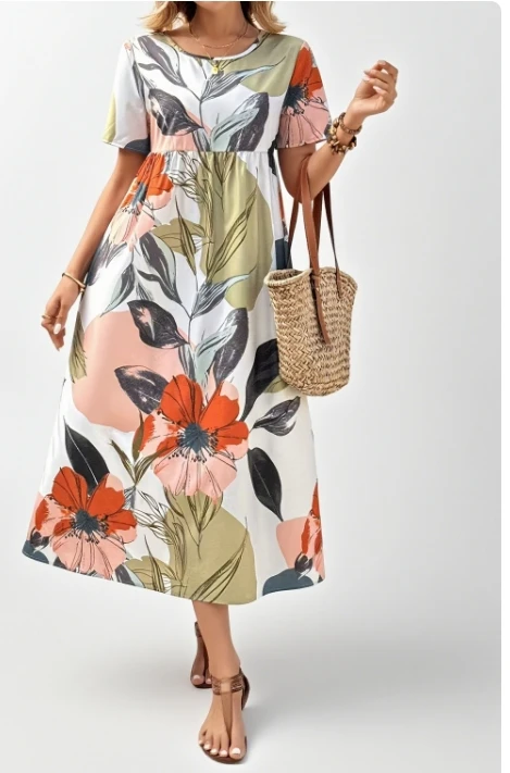ชุดเดรสลายดอกไม้สไตล์โบโฮสำหรับผู้หญิง แขนสั้น คอกลม สวมใส่สบายและมีสไตล์ เหมาะสำหรับการออกนอกบ้านในชีวิตประจำวันและการไปเที่ยวชายหาด