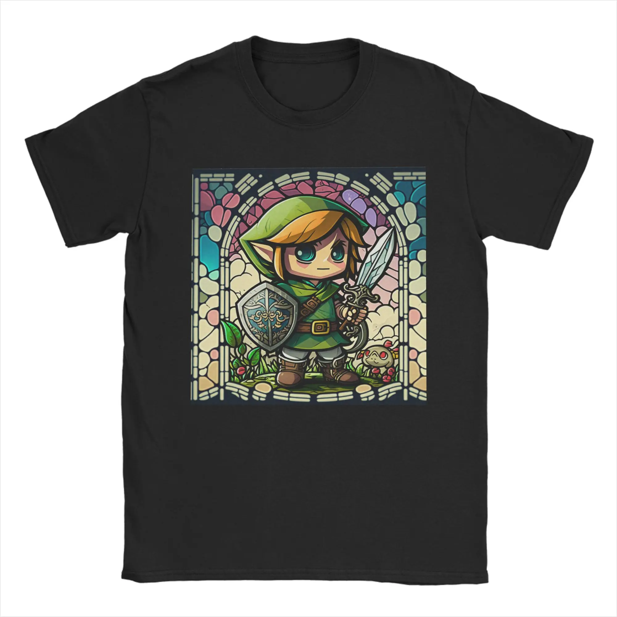 Men Women's Zelda Green Hero Stained Glass Link T Shirts  Pure Cotton Clothing Funny Short Sleeve Tee Shirt Printed T-Shirt