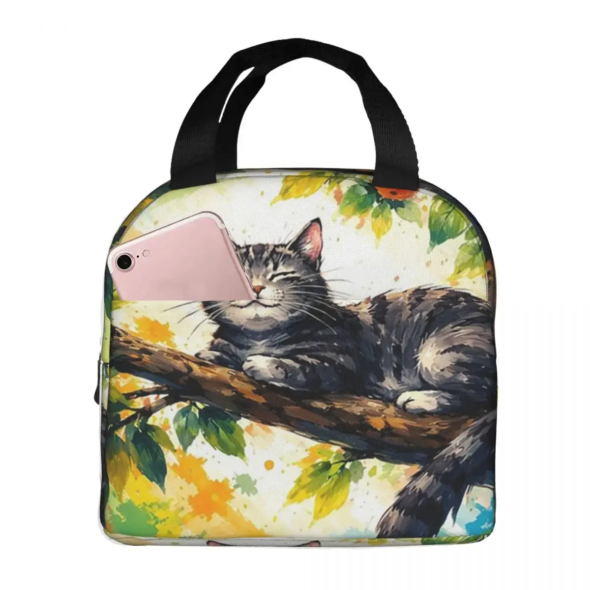 Cat Sleeps On A Tree Branch Insulated Lunch Bag for Kids School Cooler Thermal Food Box Tote Portable Lunch Boxes Container