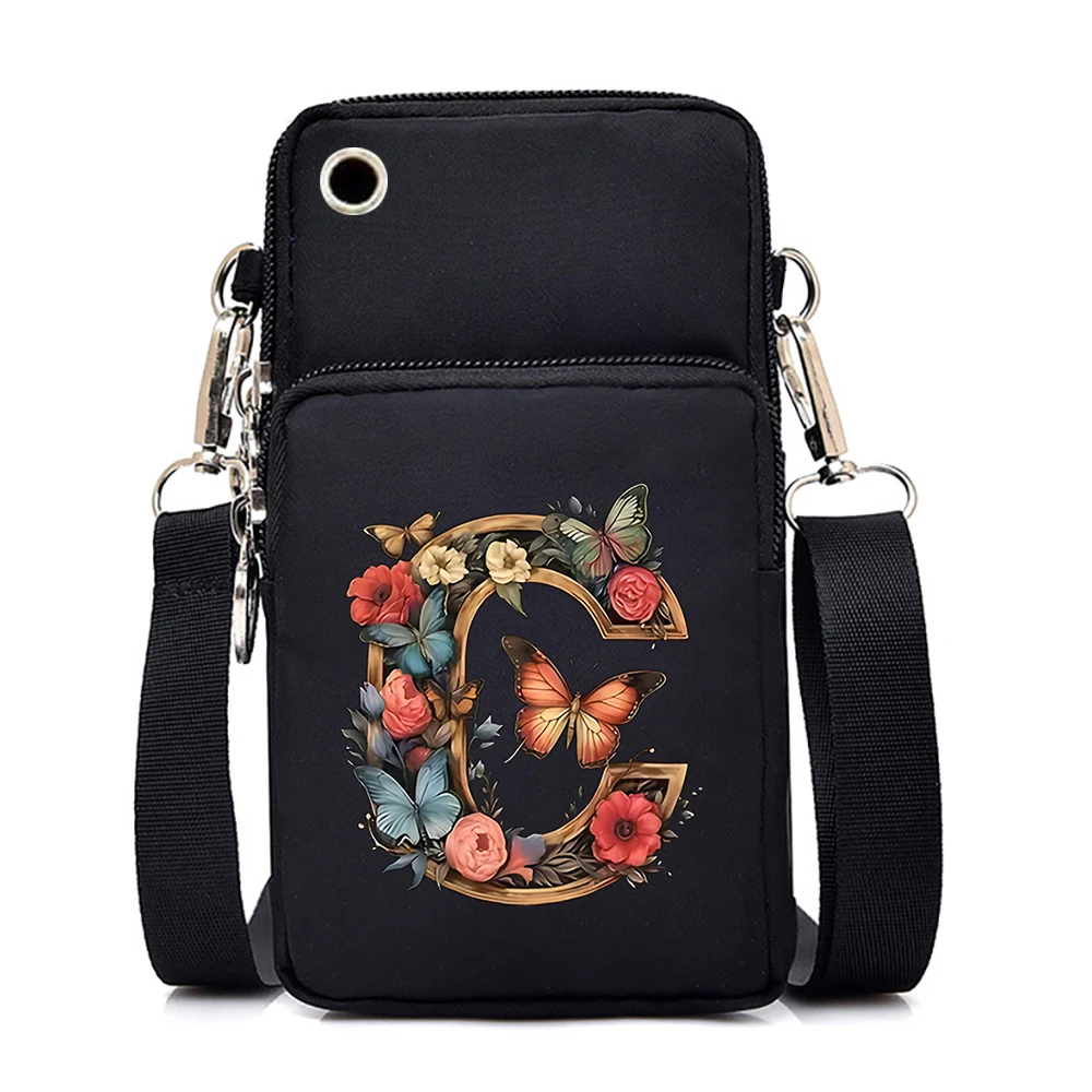 Women Small Crossbody Shoulder Bags Vintage Flower Alphabet Mobile Phone Bag Purse Soft Leather Strap Handbag Mini Messenger Bag