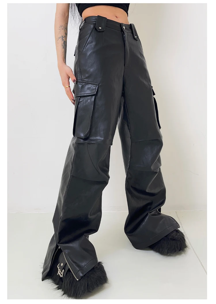 

27-46 2024 Men Women Clothing Yamamoto Style Motorcycle Overalls Rock Wide Leg Leather Pants Trousers Lovers Plus Size Costumes