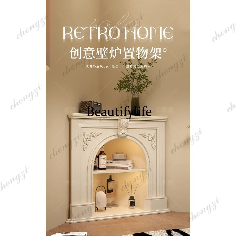 G153 Solid wood painted triangular fireplace cabinet French corner simulated fire decoration carved fireplace triangular cabinet