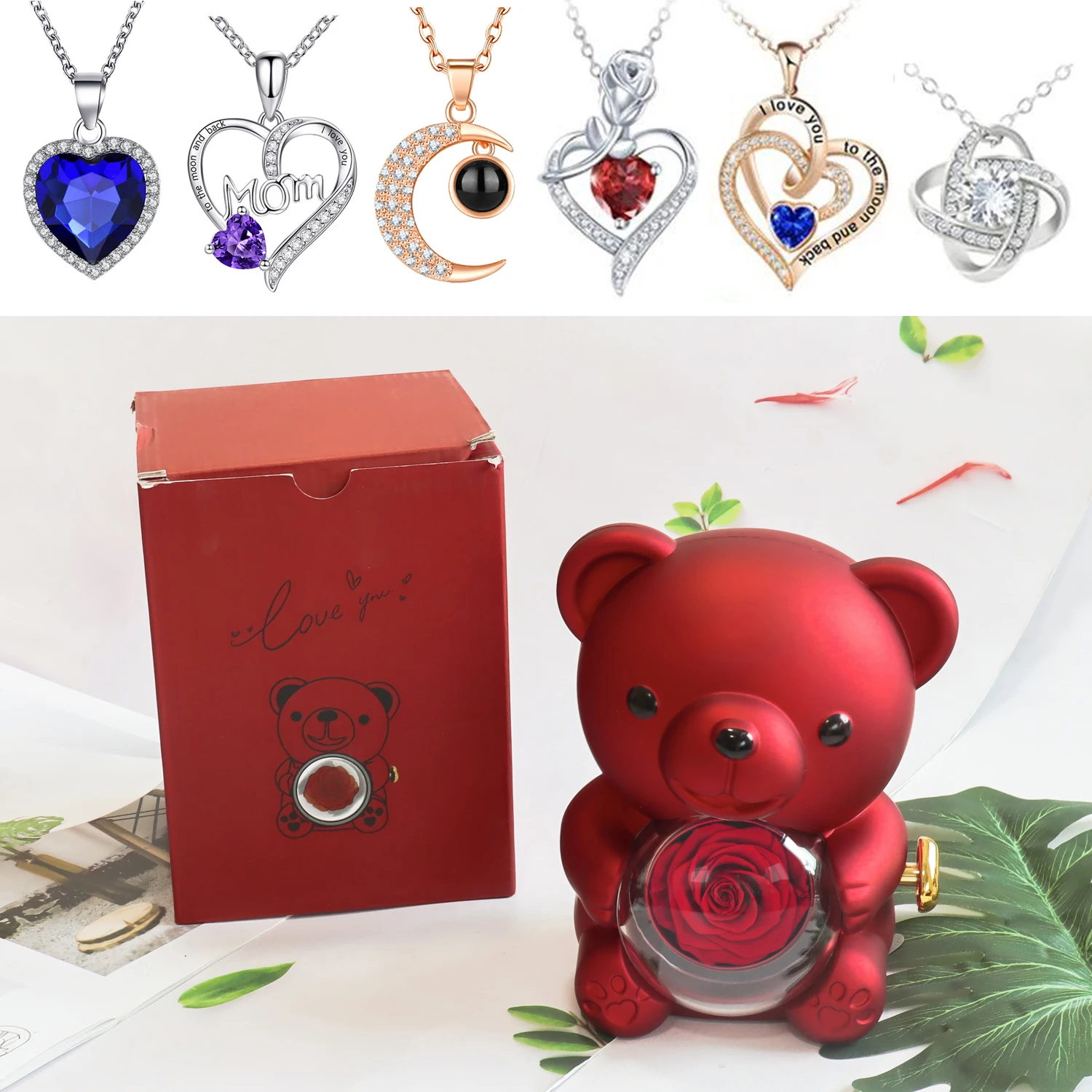 Real Preserved Rose Bear Gift Box Necklace Set Rotating Eternal Rose Jewelry Box Valentine Wedding Storage Gift Case for Women