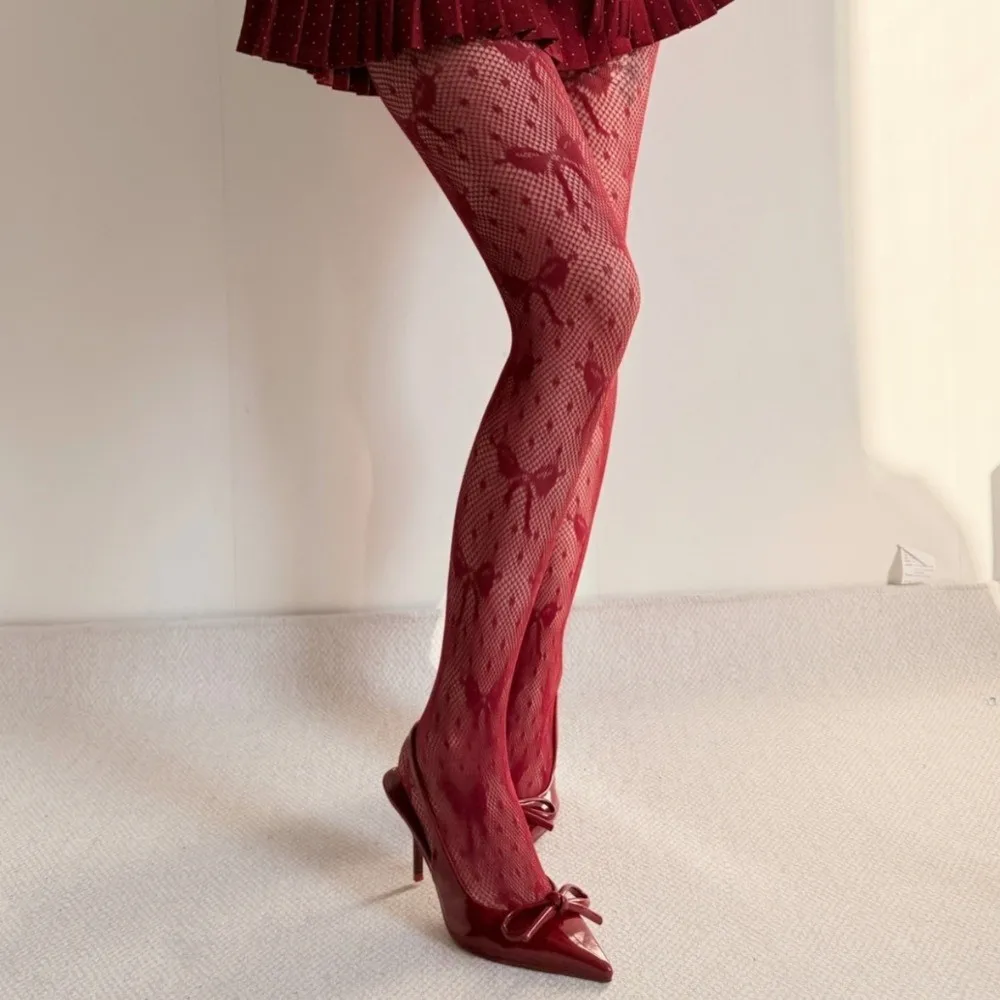 Fashionable Lace Mesh Bow Stockings Vintage Fishnet Hollowed Out Jacquard Pantyhose Y2K Elegant Polka Dot Stockings Spicy Girls