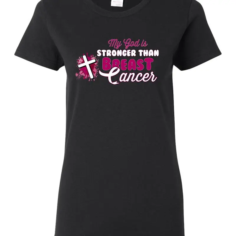 Mi Dios es más fuerte que la pintura del cáncer de mama Splatter Cross camiseta de mujer