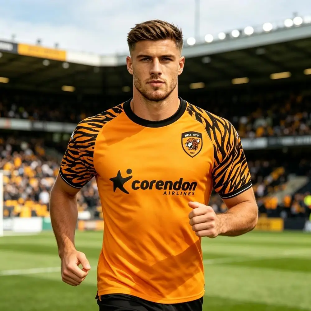 Nouveau style Maillot de football Hull City Orange à rayures tigrées, T-shirt familial et pour enfants, tendance, confortable et respirant, Collection Été 2026
