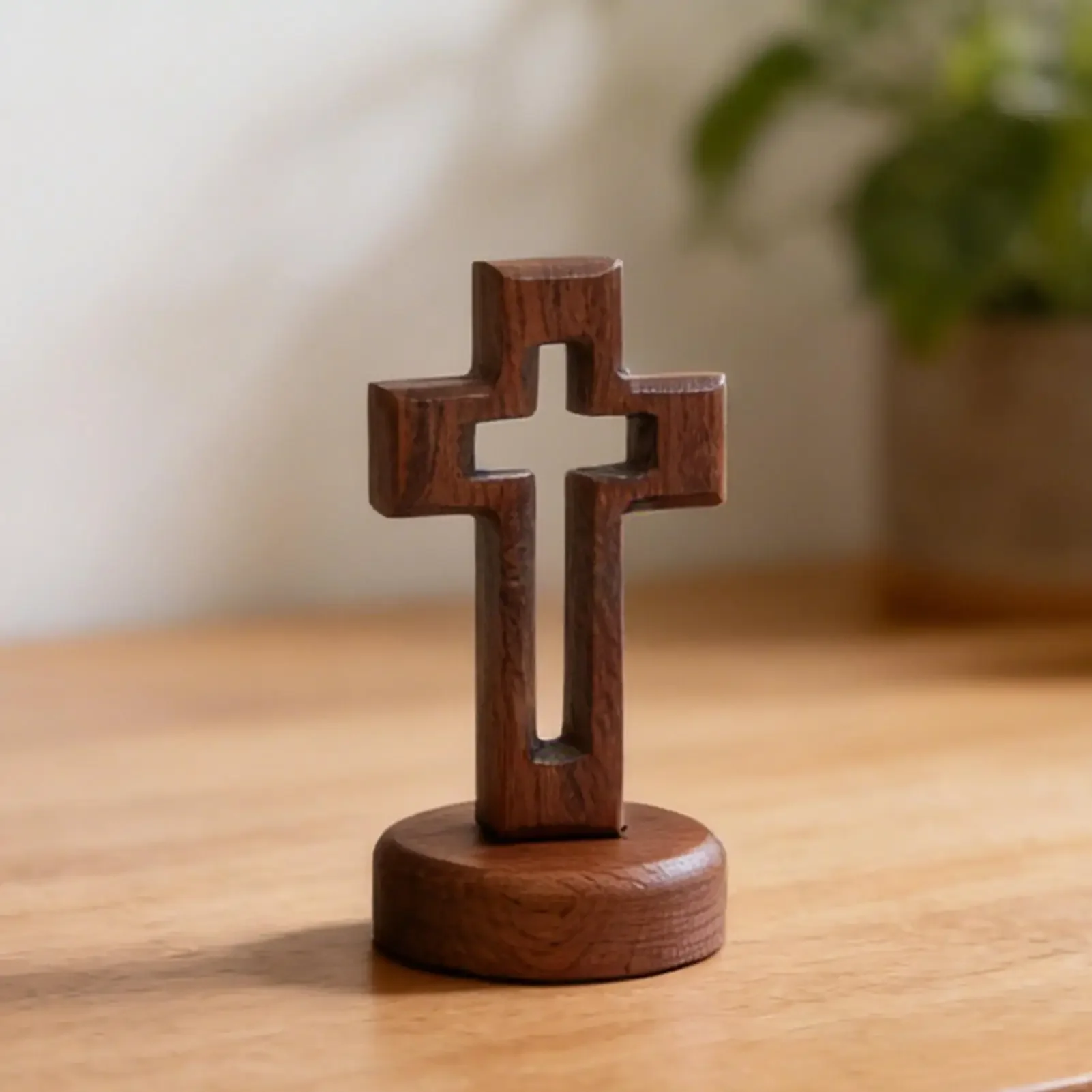 Standing Cross Wooden Catholic Easter Home Decor Religious Sculpture with Flower Base for Living Room Bedroom Bathroom Office