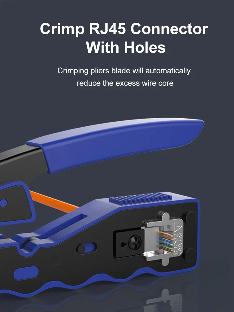 RJ45 Rede Crimper Ferramentas, cabo Ethernet Stripper, através do furo Conector, CAT5/6/7 Alicate, Pressionando Braçadeira de Fio, Tongs Clip