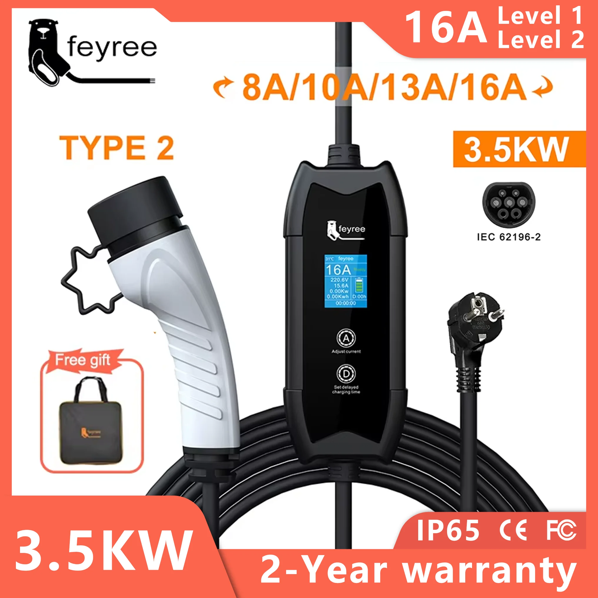 feyree EV Portable Charger Type2 / GB/T Plug Connector 16A 1Phase 3.5KW Type1 3.5m Wallbox Charging Station for Electric Vehicle