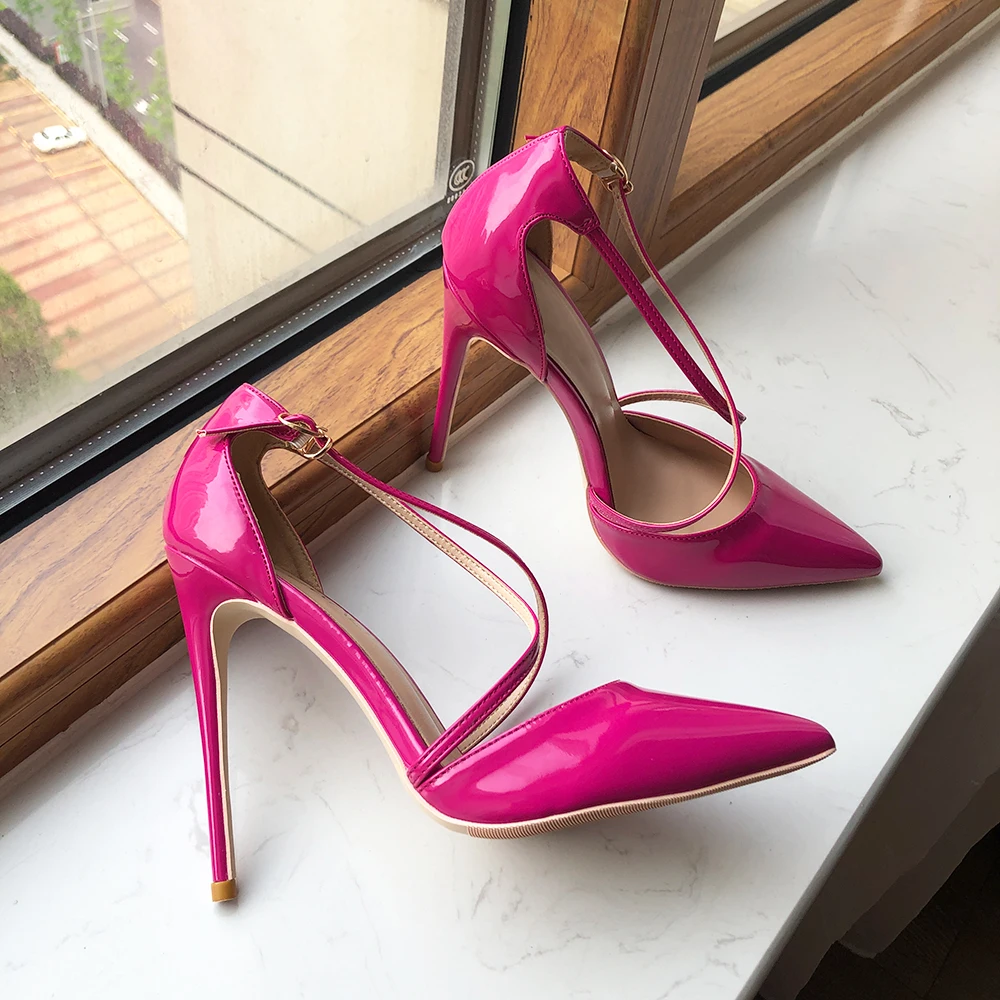 Tikicup Instep Cross Strap Women Fusion Pink Pointy Toe High Heel Summer Shoes Rose Pink Patent Stiletto Pumps Plus Size 33-45