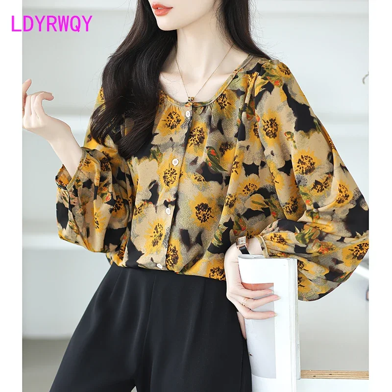 2024 new French light cooked loose comfortable round neck bubble sleeves sweet floral shirt