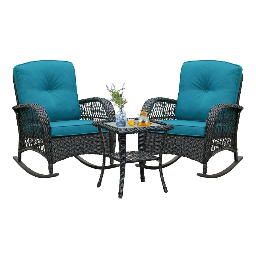 

3Pcs Outdoor Patio Wicker Rocking Porch Chair with Waterproof Cushions,Cyan Blue