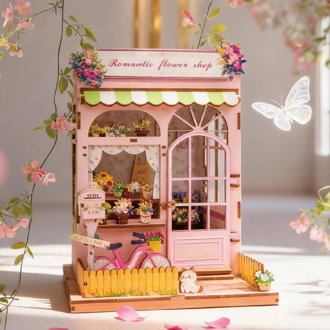 DIY 木製ロマンチックフラワーハウスミニチュアモデルキット LED ライト付きドールハウス家具付き友人への誕生日プレゼント