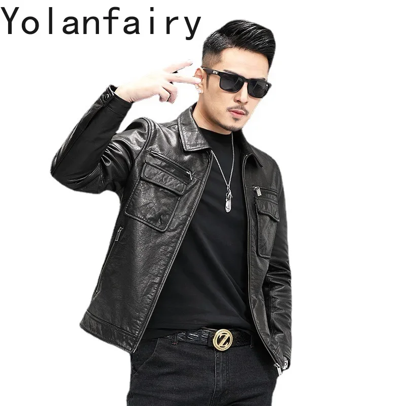 YOLANFAIRY Genuine Leather Cowhide Coats Spring Autumn Short Jackets Fashion Motorcycle Jacket Sizes M-5XL Saco Hombre Casual