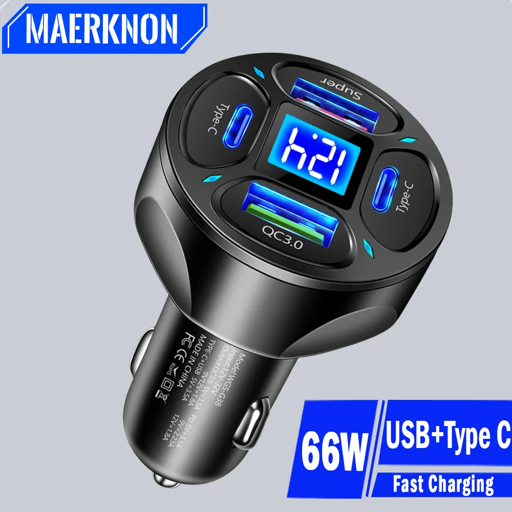 

66W USB Car Charger Type C Fast Charging Phone Adapter For Xiaomi Huawei PD Phone Charger Car Adapter Socket Cigarette Lighter